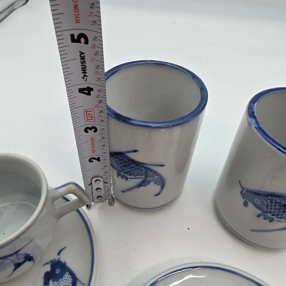 Pier 1 Blue White Koi Fish Ceramic Tea Tumblers and Espresso Cup Saucer Set